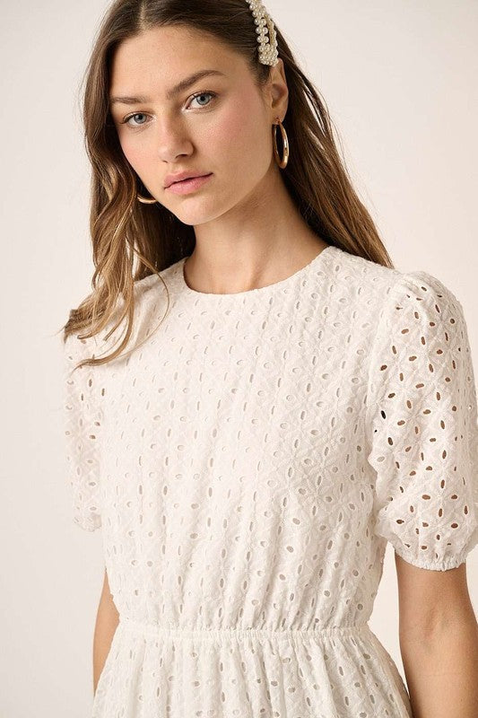 Eyelet Puff Sleeve Mini Dress with Round Neck