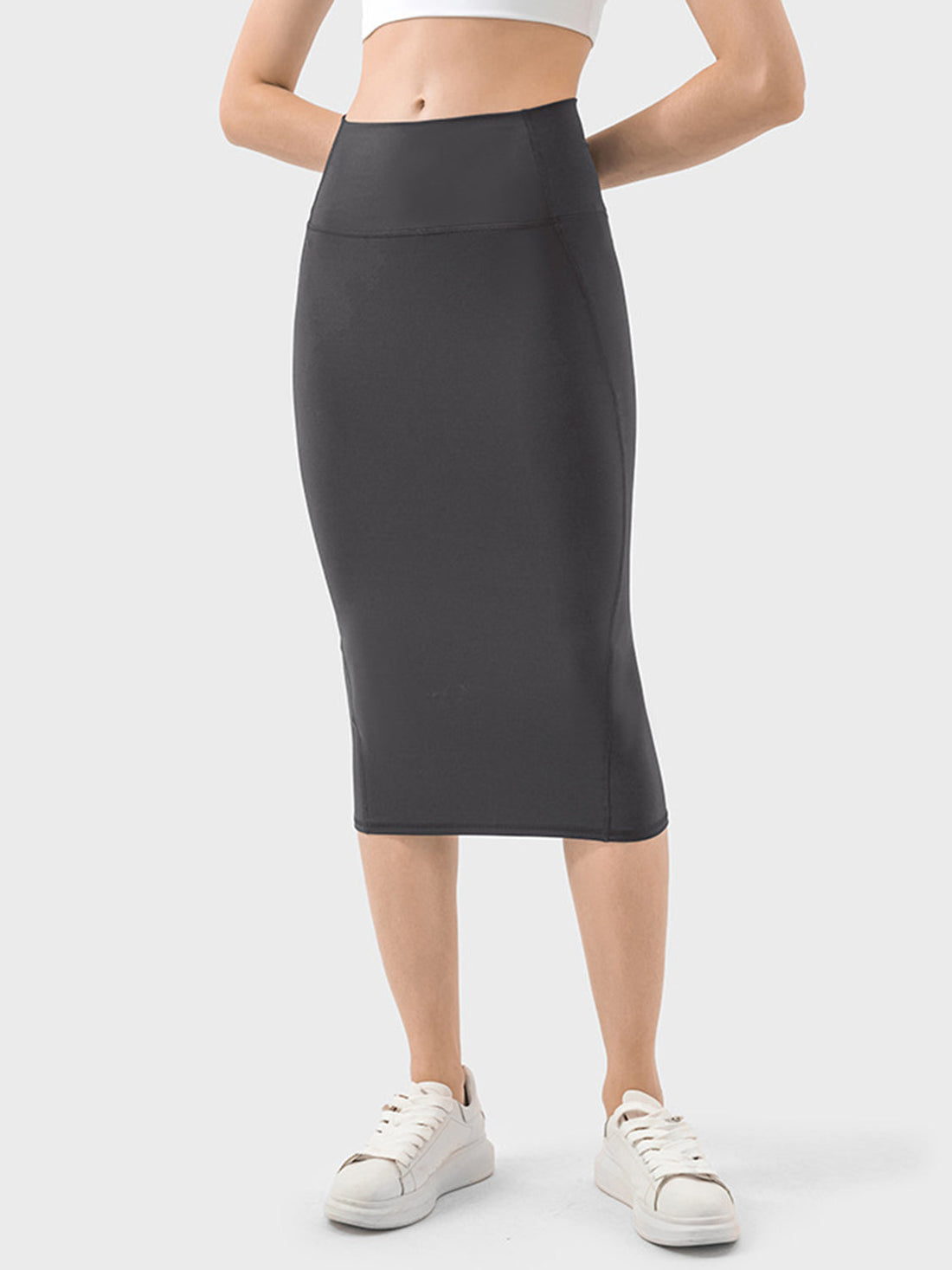 Brown Slit Wrap Active Skirt Stretchy Midi Athletic Skirt - Image 11