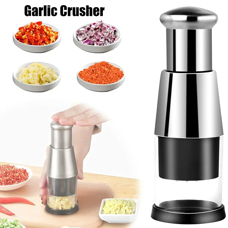 Manual stainless steel and plastic garlic crusher and vegetable chopper in silver and black