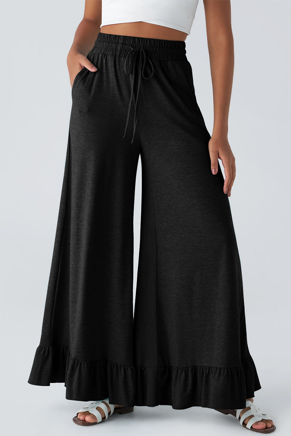 Women’s Wide Leg Knit Pants with Ruffle Hem - Relaxed Bohemian Style