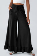 Women’s Wide Leg Knit Pants with Ruffle Hem - Relaxed Bohemian Style