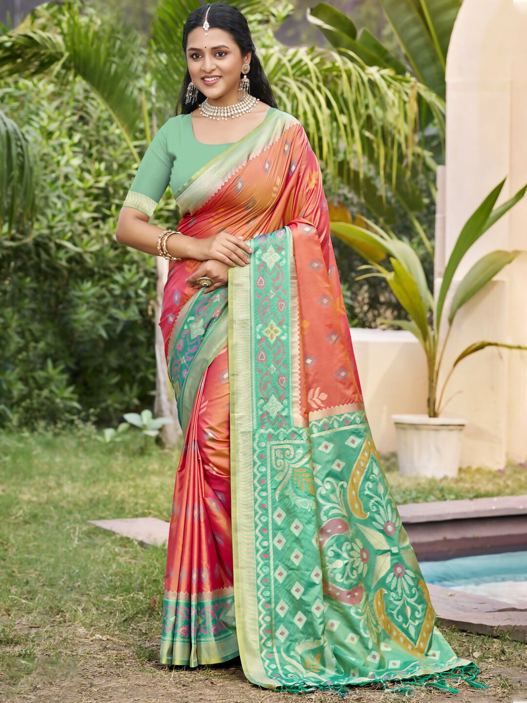 Mustard Pochampally silk saree with traditional weave and matching blouse