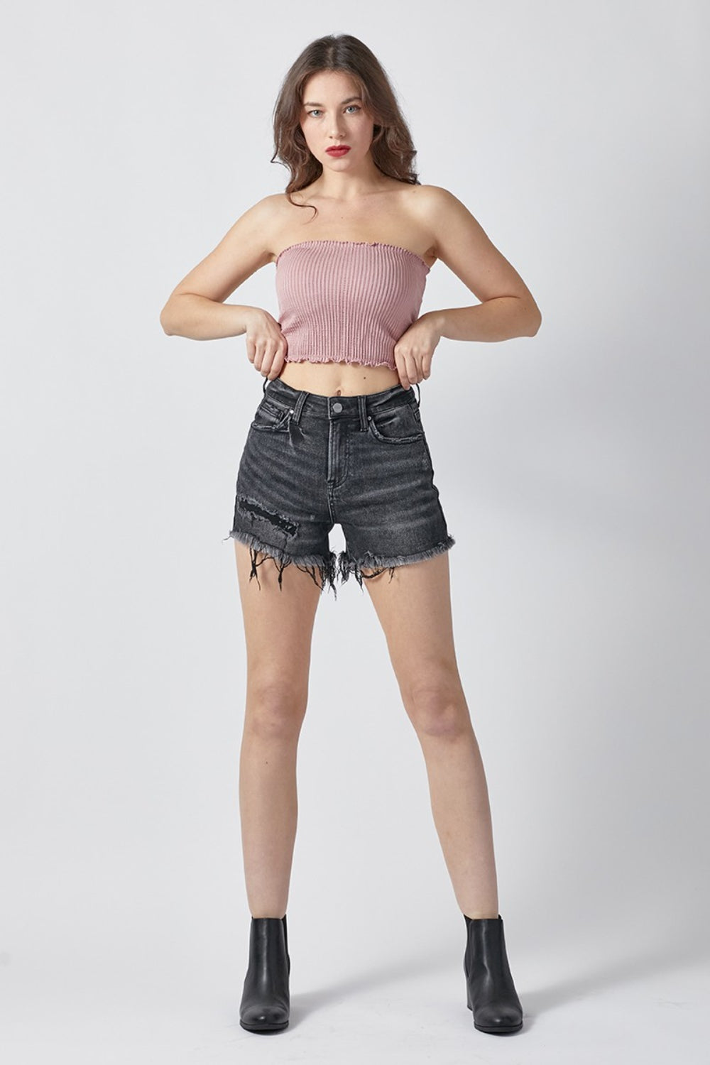 Washed Black Raw Hem Denim Shorts with Distressed Details - Image 6