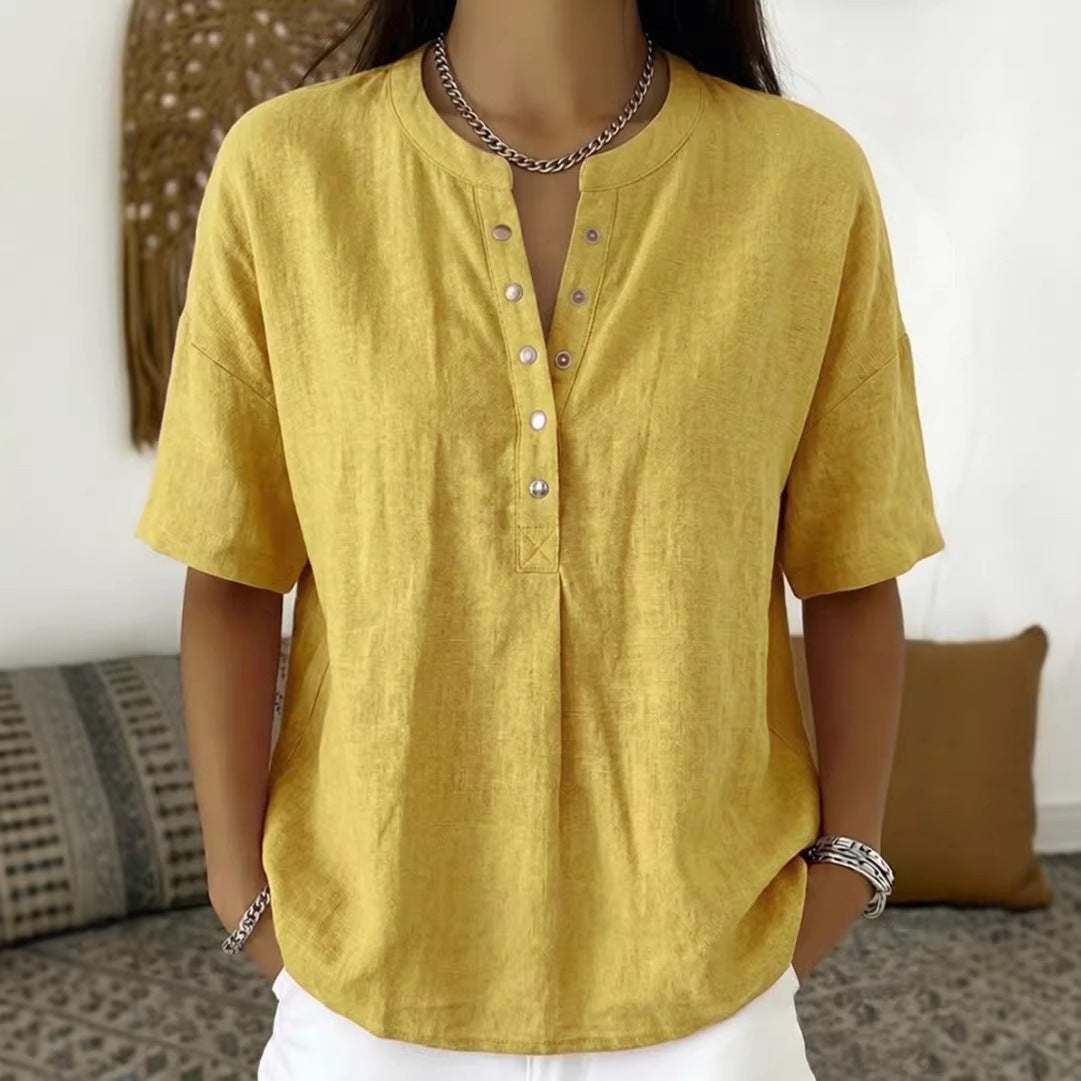Women's Loose-Fit Short-Sleeve Henley Pullover Top - Image 2