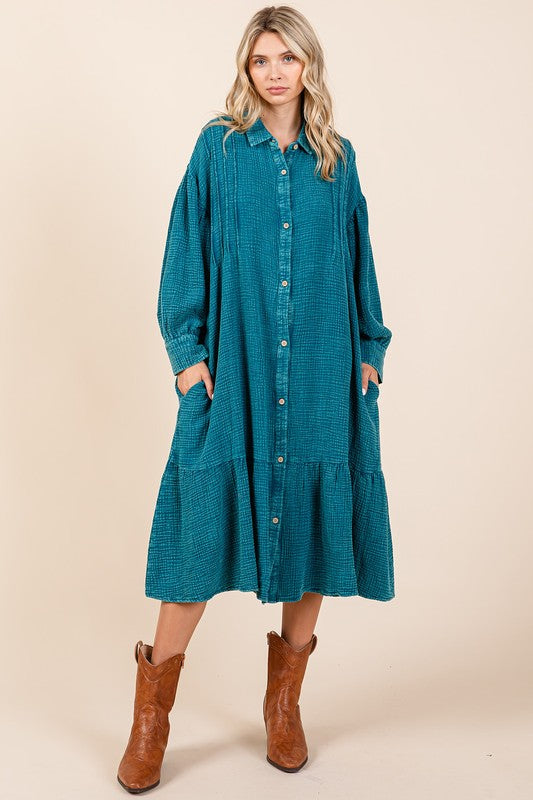 Cotton Gauze Ruffle Midi Shirt Dress in Teal