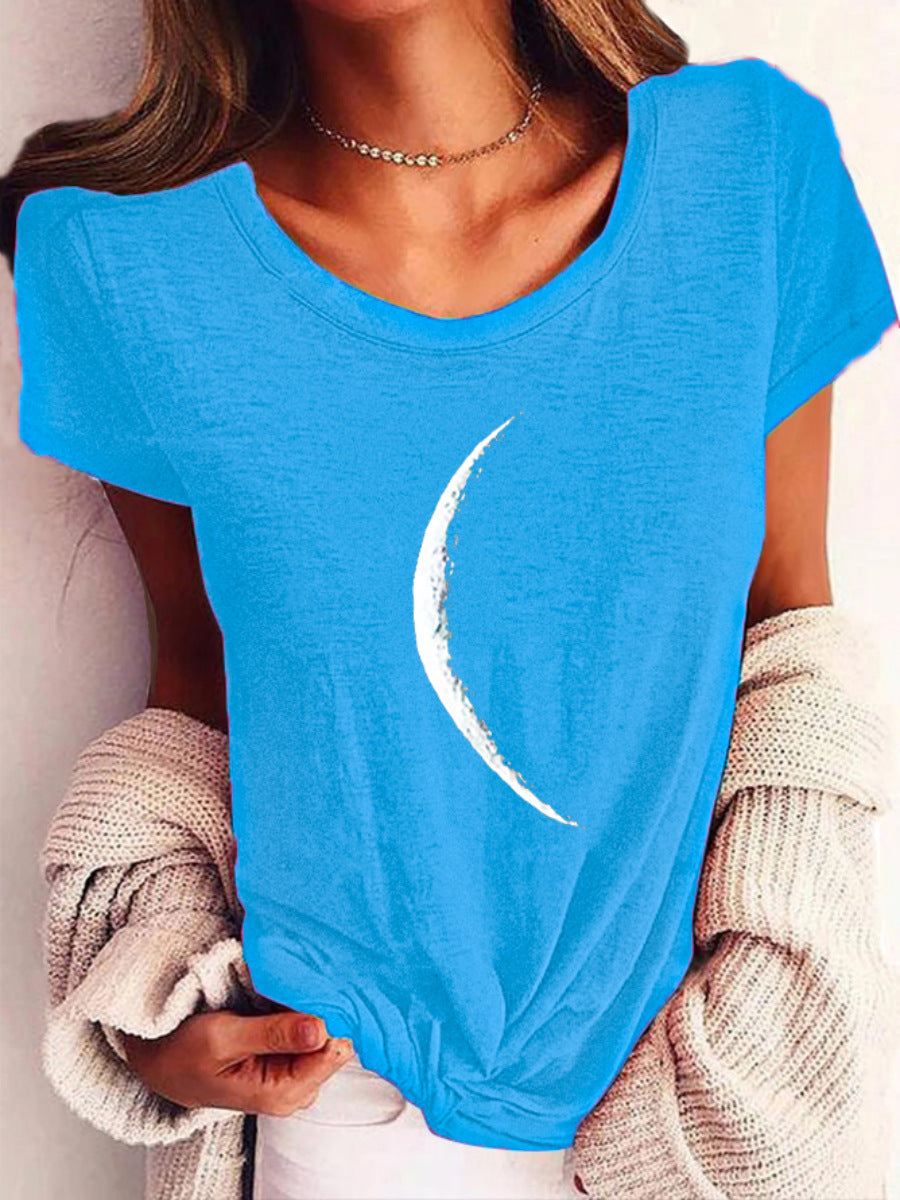 Women Short Sleeve Crescent Moon Print T-Shirt Casual Wide Neck - Image 3