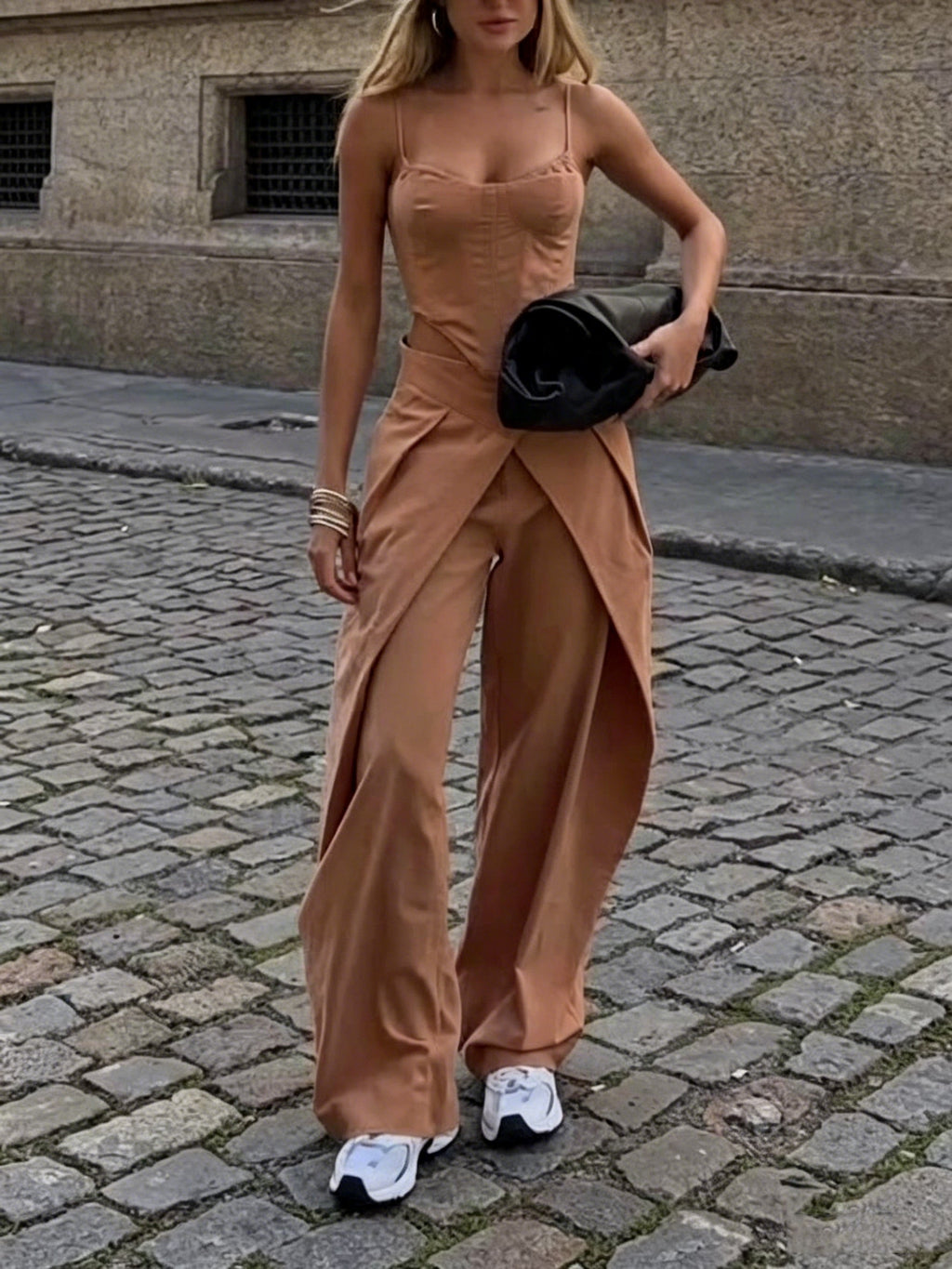 Spaghetti Strap Corset Top and Wide-Leg Pants Set in Camel - Image 9