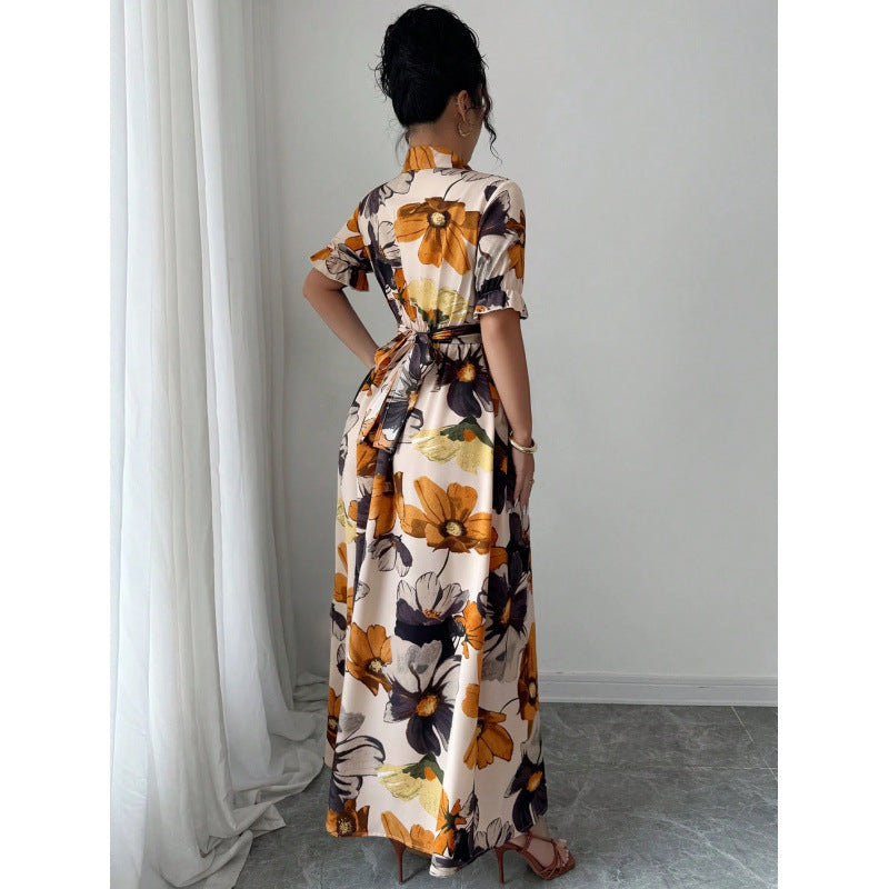 Women’s Printed Puff Sleeve Midi Dress with Cross-Tie Waist - Image 3