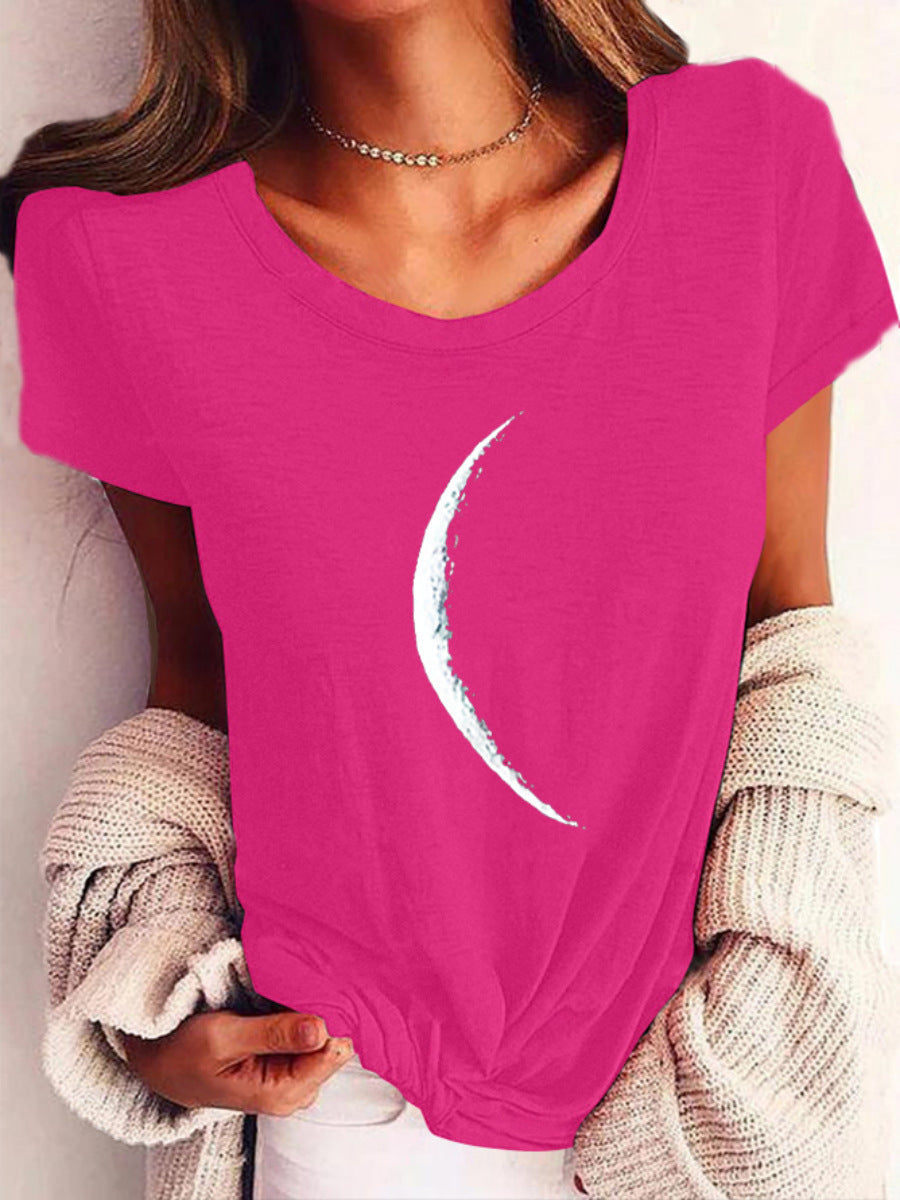 Women Short Sleeve Crescent Moon Print T-Shirt Casual Wide Neck - Image 11