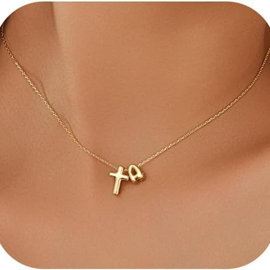 Custom Initial Bubble Letter Cross Pendant Gold Tone Necklace