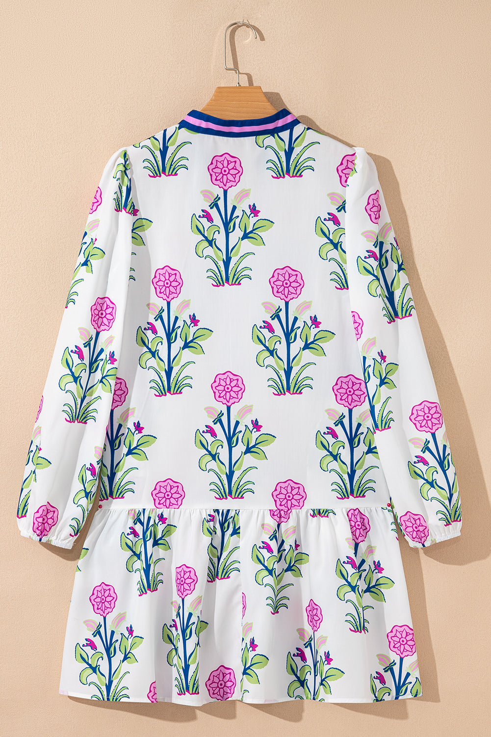 Floral Contrast Stripe Trim Notch Neck Dress