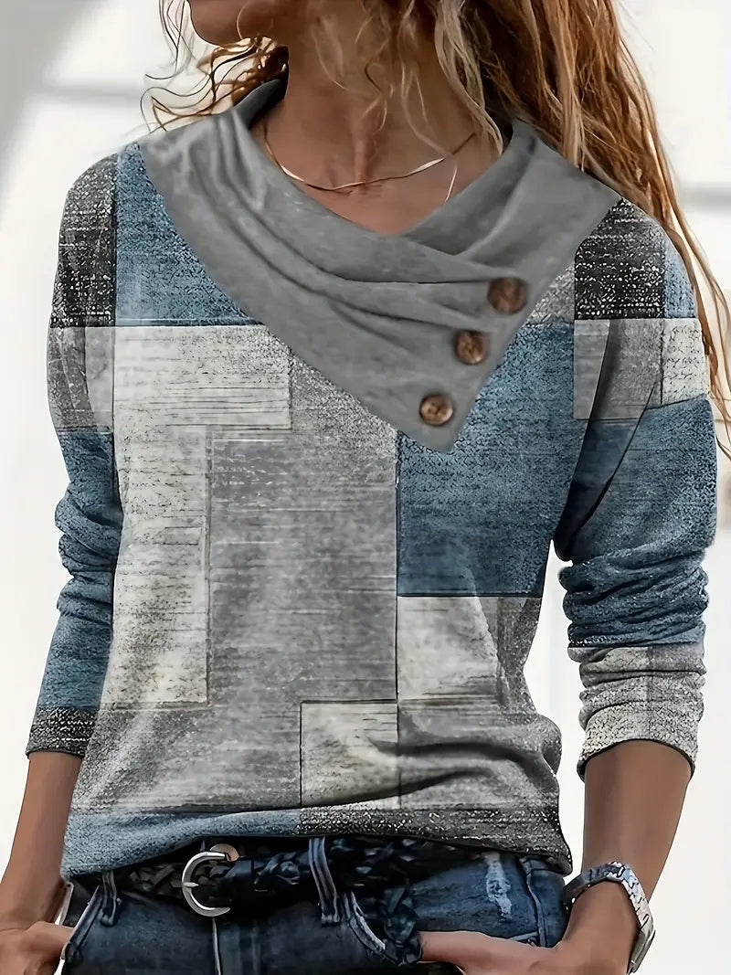 Women's blue and grey patchwork long sleeve shirt with a draped button-detail neckline