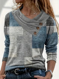 Women’s Blue Patchwork Long Sleeve Button Detail Casual Top - Image 4