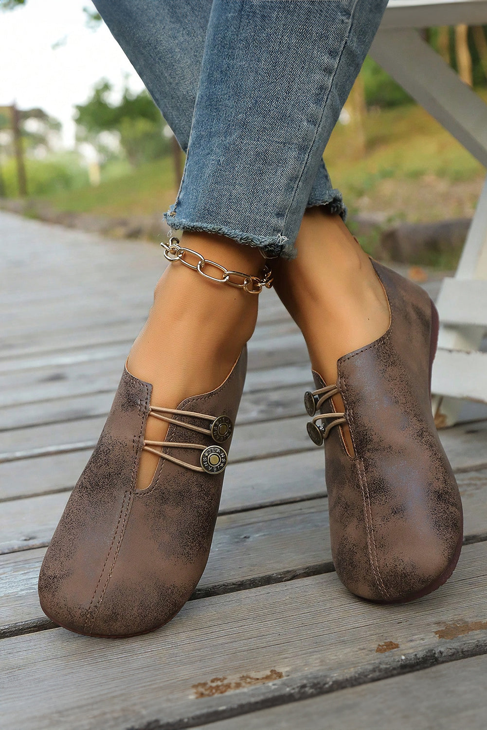 Coffee Button Detail Vintage Faux Leather Loafer Shoes