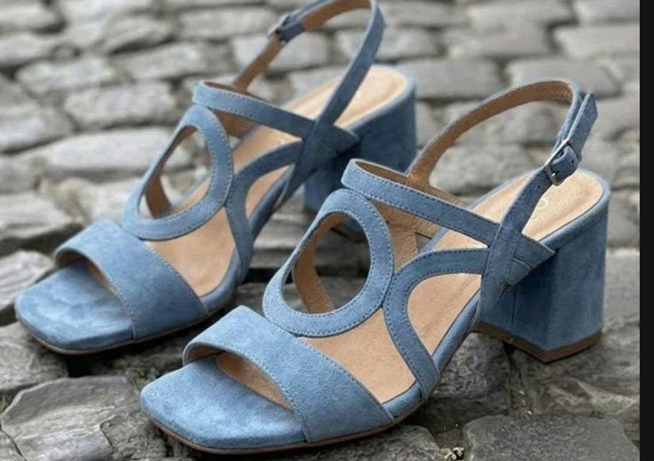 Suede Hollow-Out Pointed Toe Stiletto Sandals with Buckle Strap