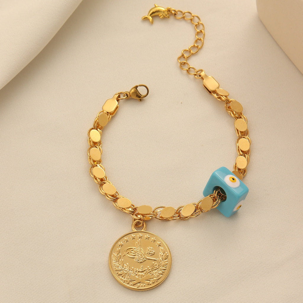 Bohemian Evil Eye Coin Bracelet Gold-Plated Disk-Link Chain