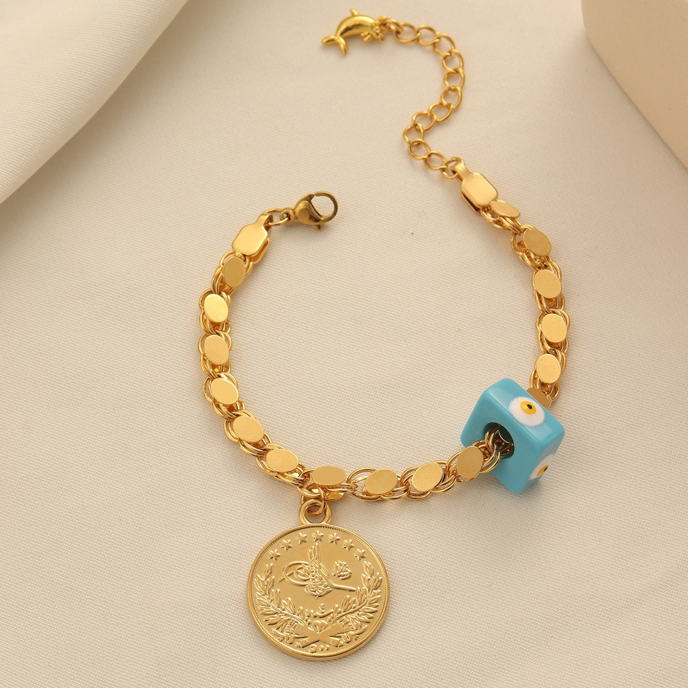 Bohemian Evil Eye Coin Bracelet Gold-Plated Disk-Link Chain