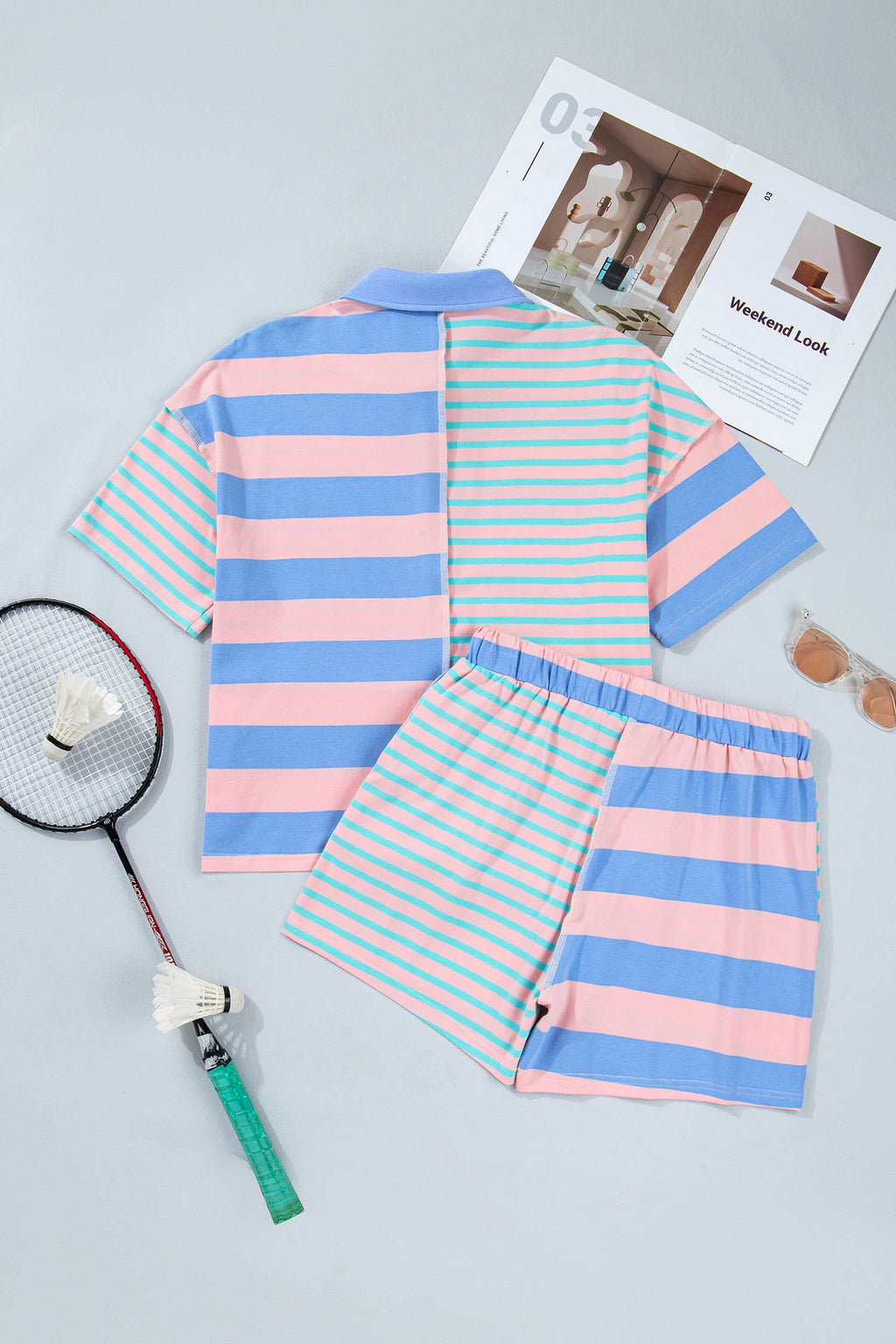 Stripe Patchwork Exposed Seam Knit Top & Short Lounge Set