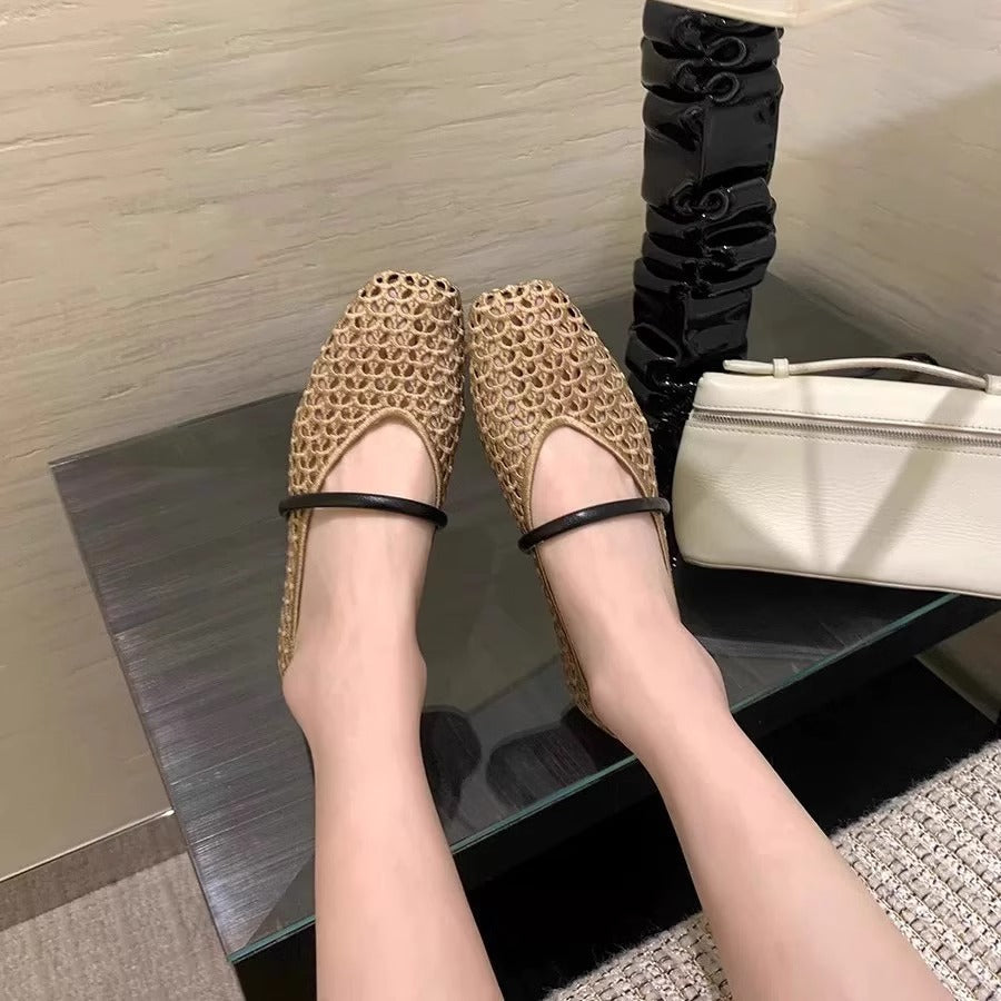 Woven Square Toe Slip-On Pumps Retro Roman Low Heel Shoes