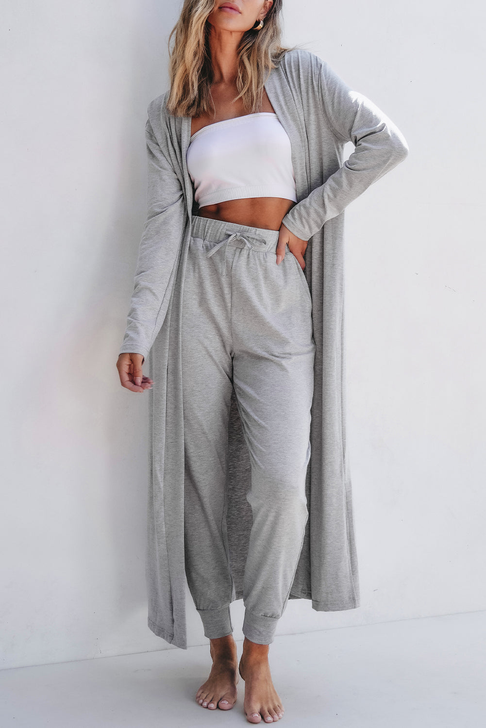 Light Grey Split Long Cardigan & Skinny Pants Lounge Set