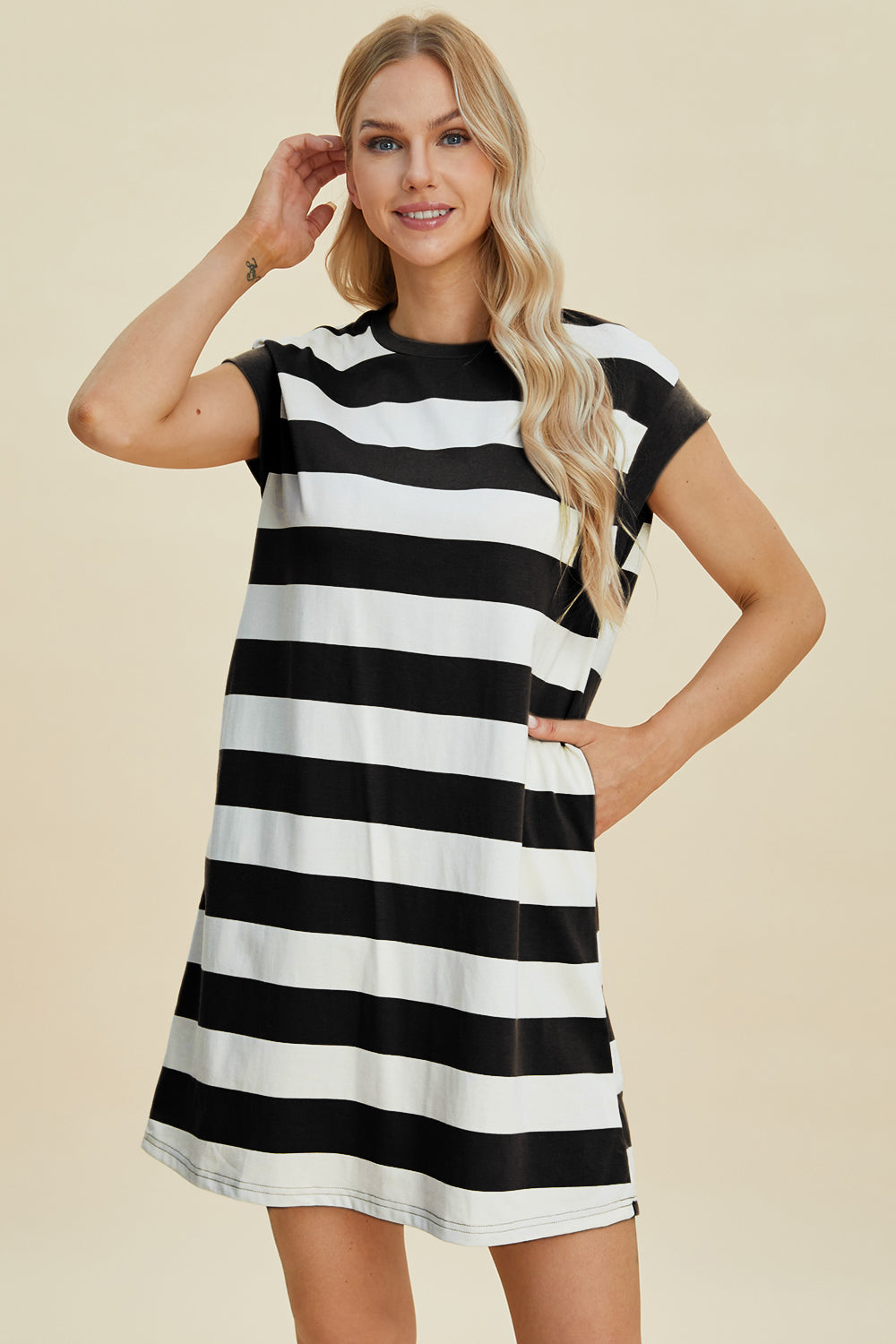 Striped Cotton Round Neck Cap Sleeve Mini Dress