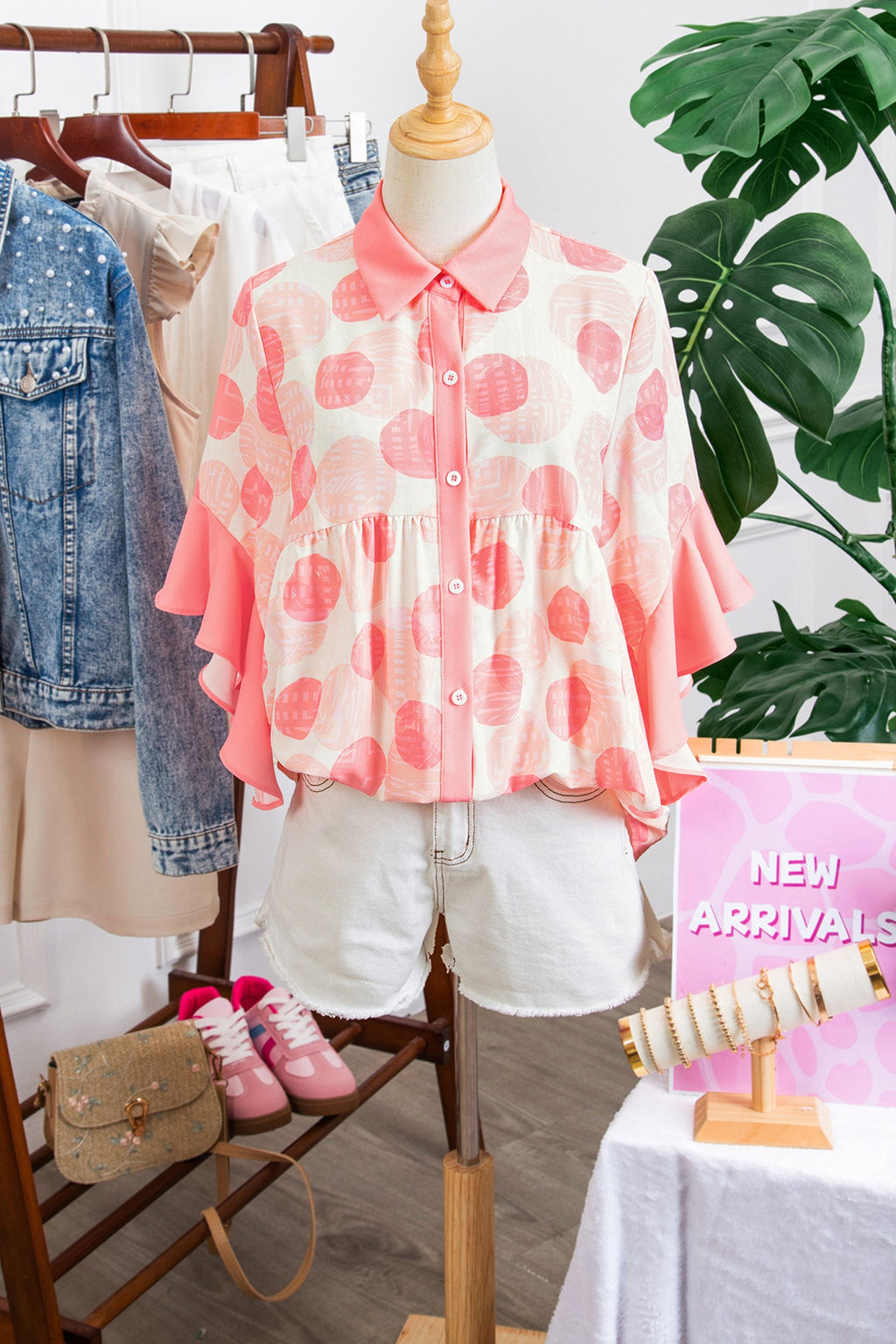 Polka Dot Ruffle Short Sleeve Babydoll Shirt