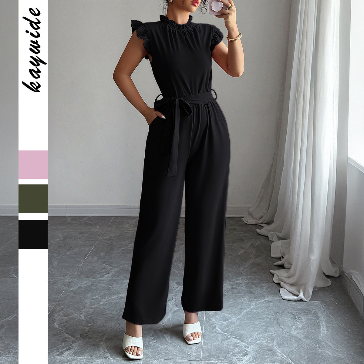 Simple Ruffled Short Sleeve Corset Jumpsuit Olive Dusty Pink