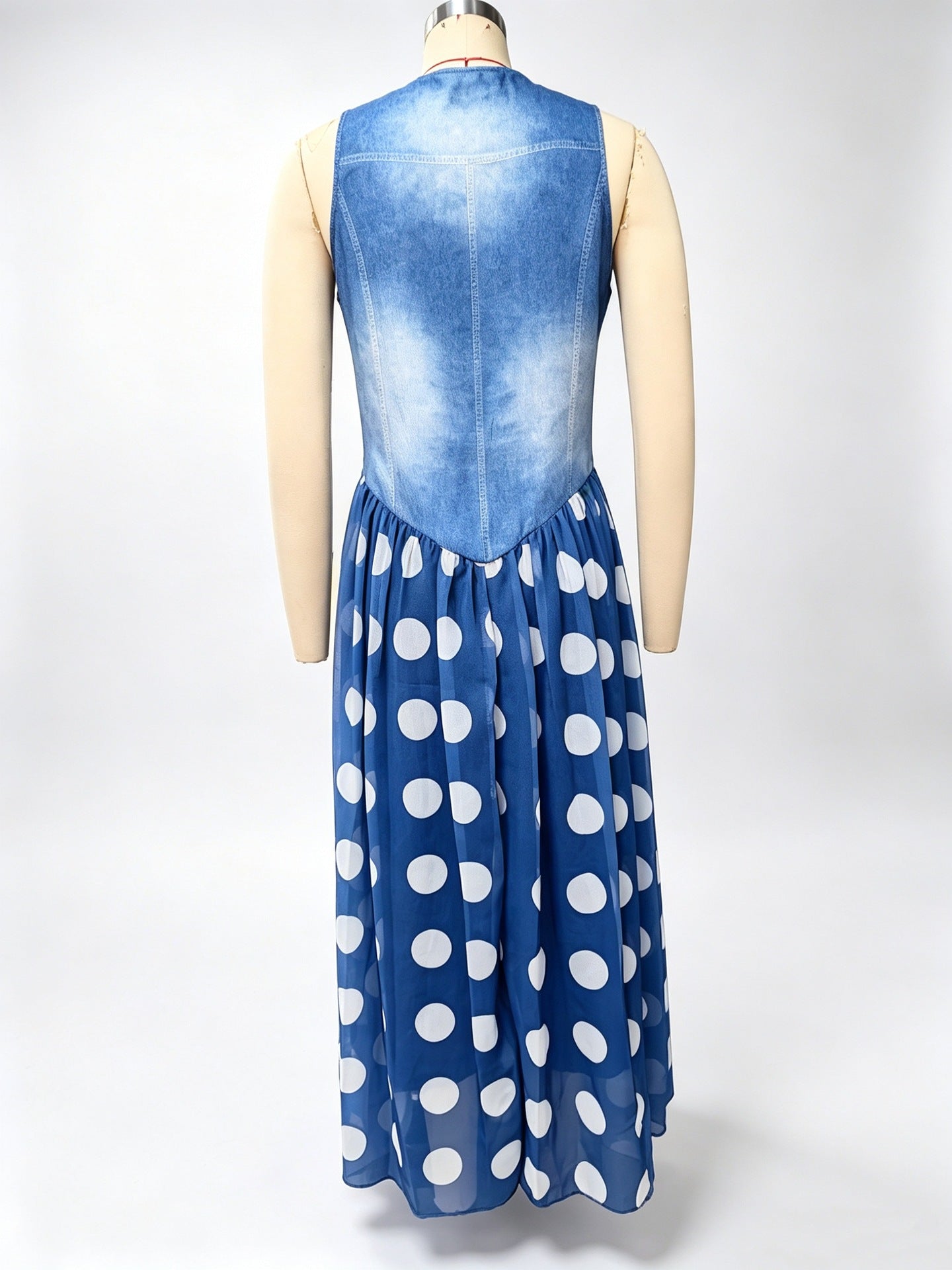 Denim Bodice Polka Dot Chiffon Skirt Sleeveless Midi Dress