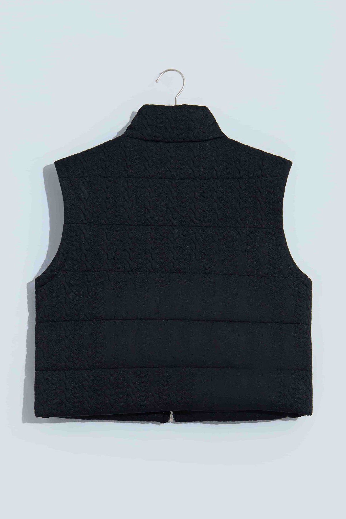 Solid Textured Stand Collar Zip Up Puffer Vest