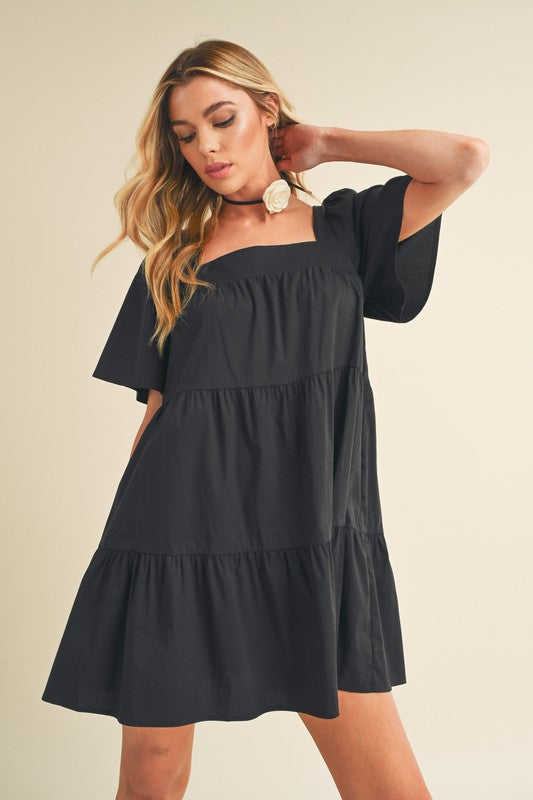 Square Neck Half Sleeve Tiered Summer Dress with Ruched Details