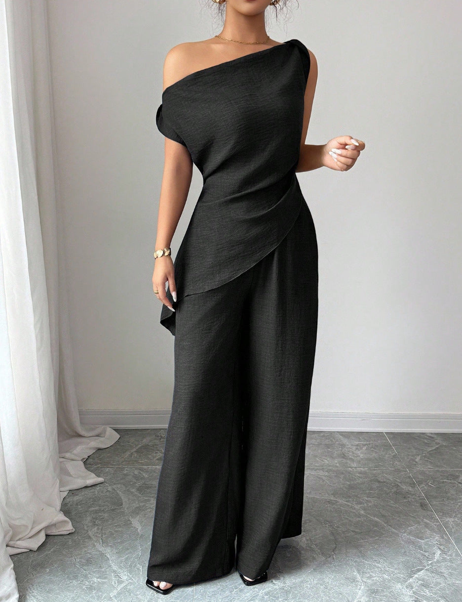 One-Shoulder Asymmetric Top & Wide-Leg Pants 2-Piece Co-ord Set
