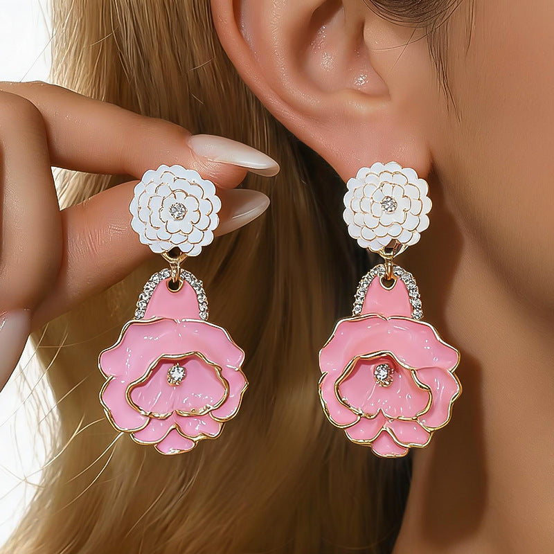 Women Exaggerated Heavy Craft Rose Flower Dangle Earrings,Niche Design Light Luxury Elegant Versatile Fashion Statement Jewelry For Daily Party Occasion
