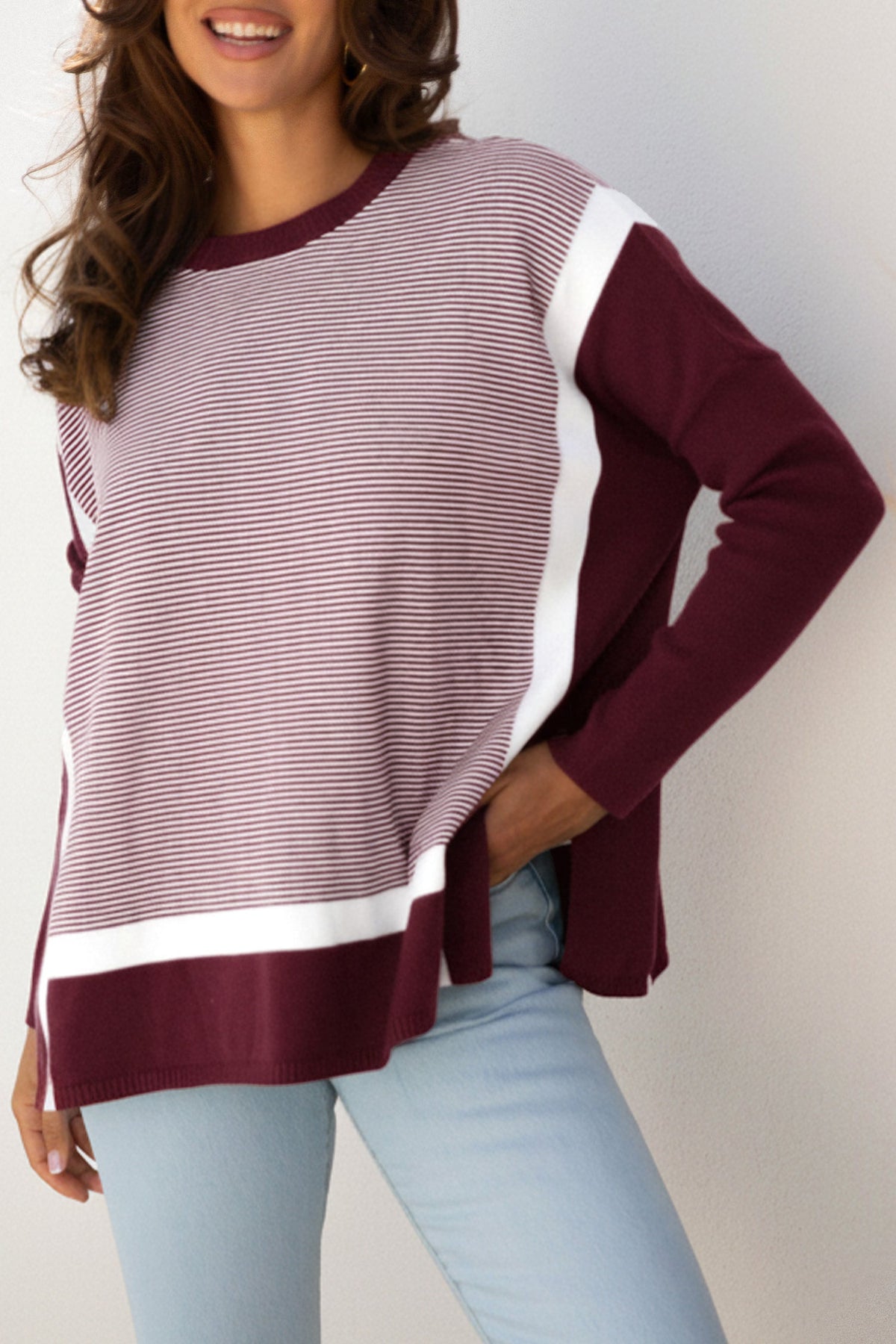 Stripe Colorblock Patchwork Dolman Sleeve Sweater