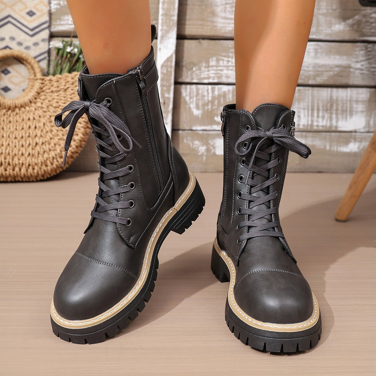 Women’s Solid Color Lace Up Mid Boots with Side Zipper and Low Heel