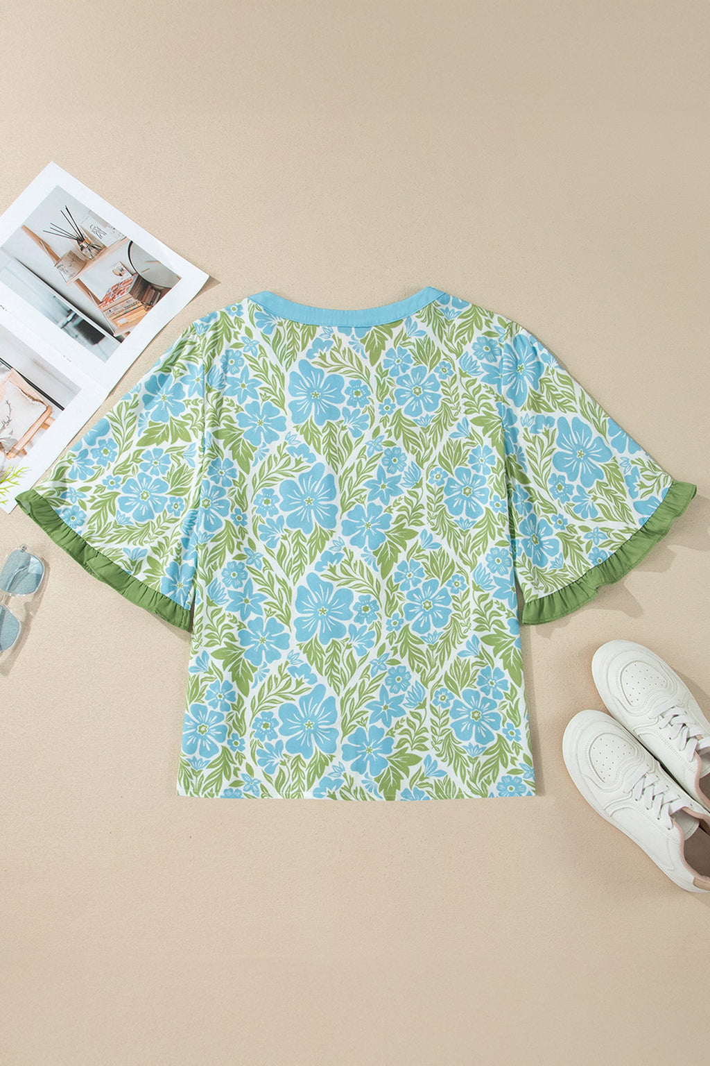 Waverly Floral Half Sleeve Blouse with Trim in Blue & Green