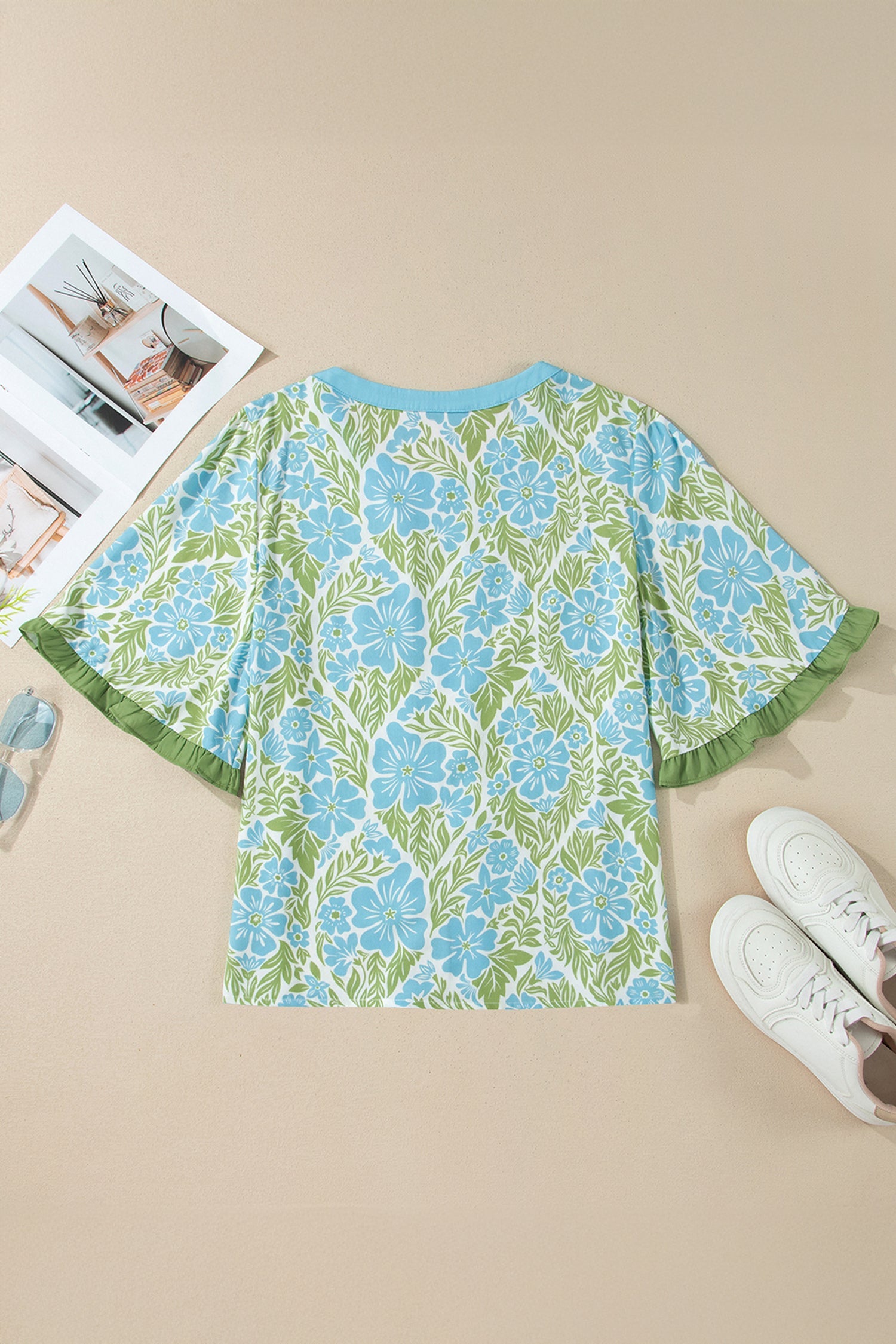 Waverly Floral Half Sleeve Blouse with Trim in Blue & Green