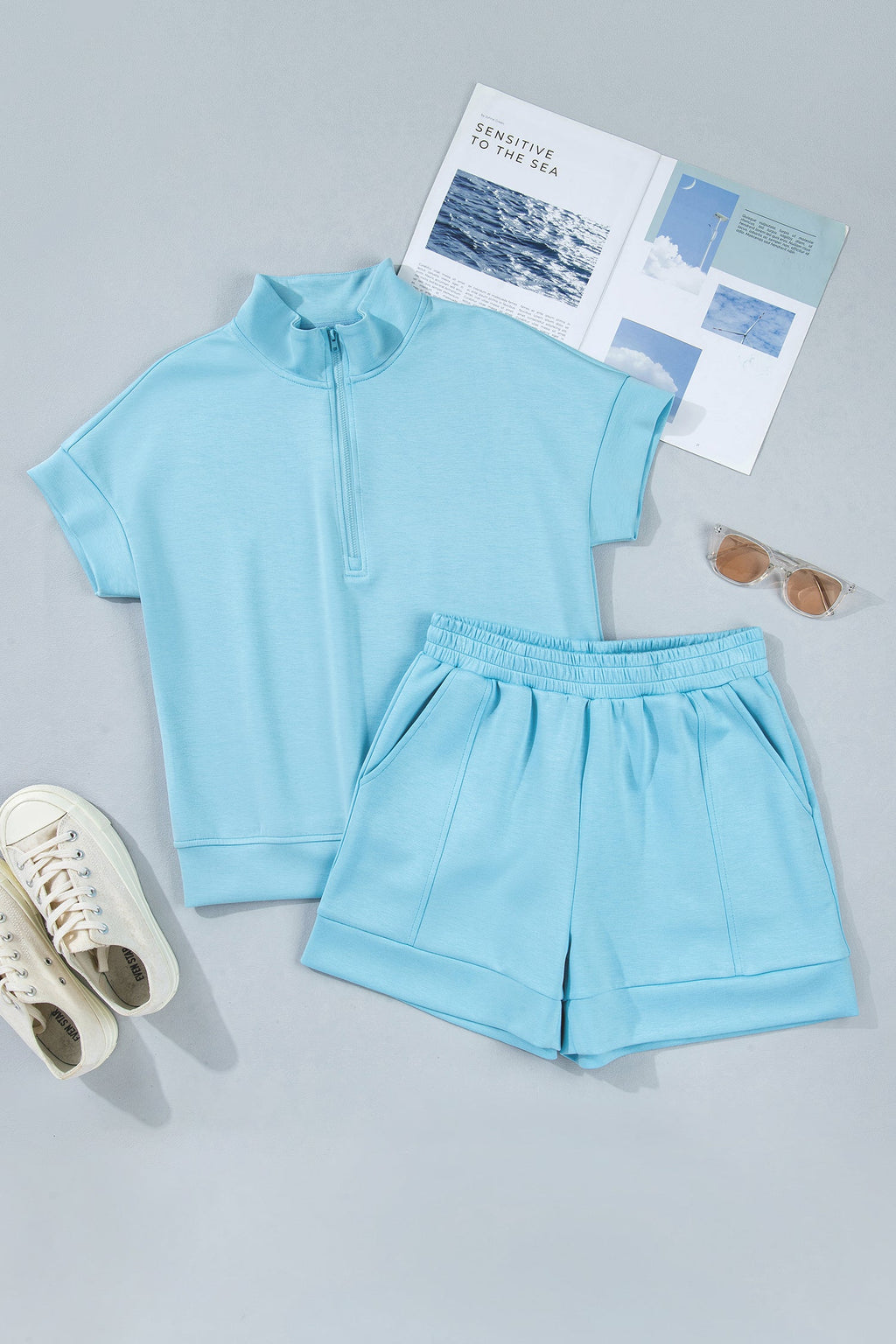 Women's Solid Half Zip Tee & Shorts Athleisure Set - Light Blue