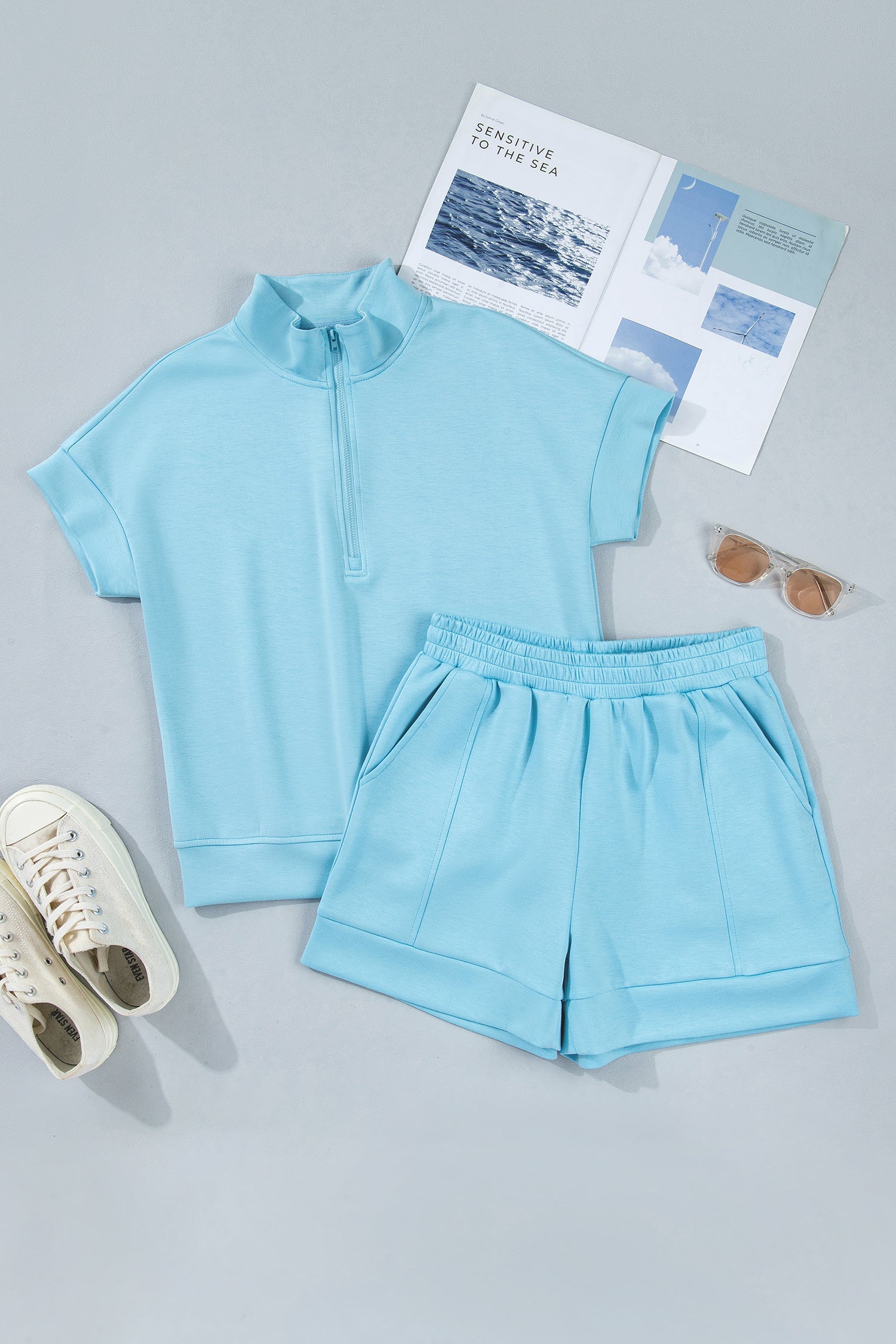 Women's Solid Half Zip Tee & Shorts Athleisure Set - Light Blue