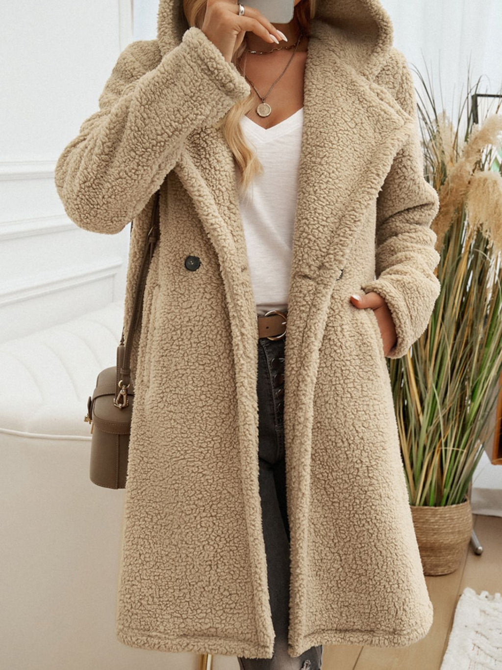 Women's Long Sleeve Hooded Teddy Coat with Button Closure - Image 5