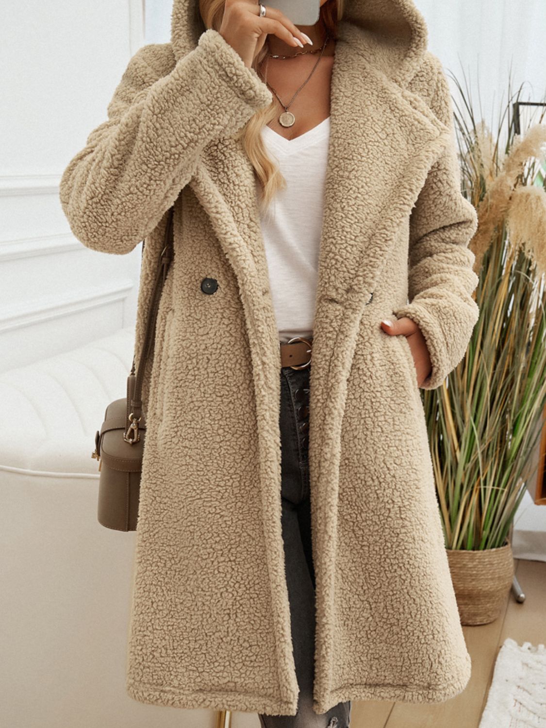Women's Long Sleeve Hooded Teddy Coat with Button Closure - Image 5