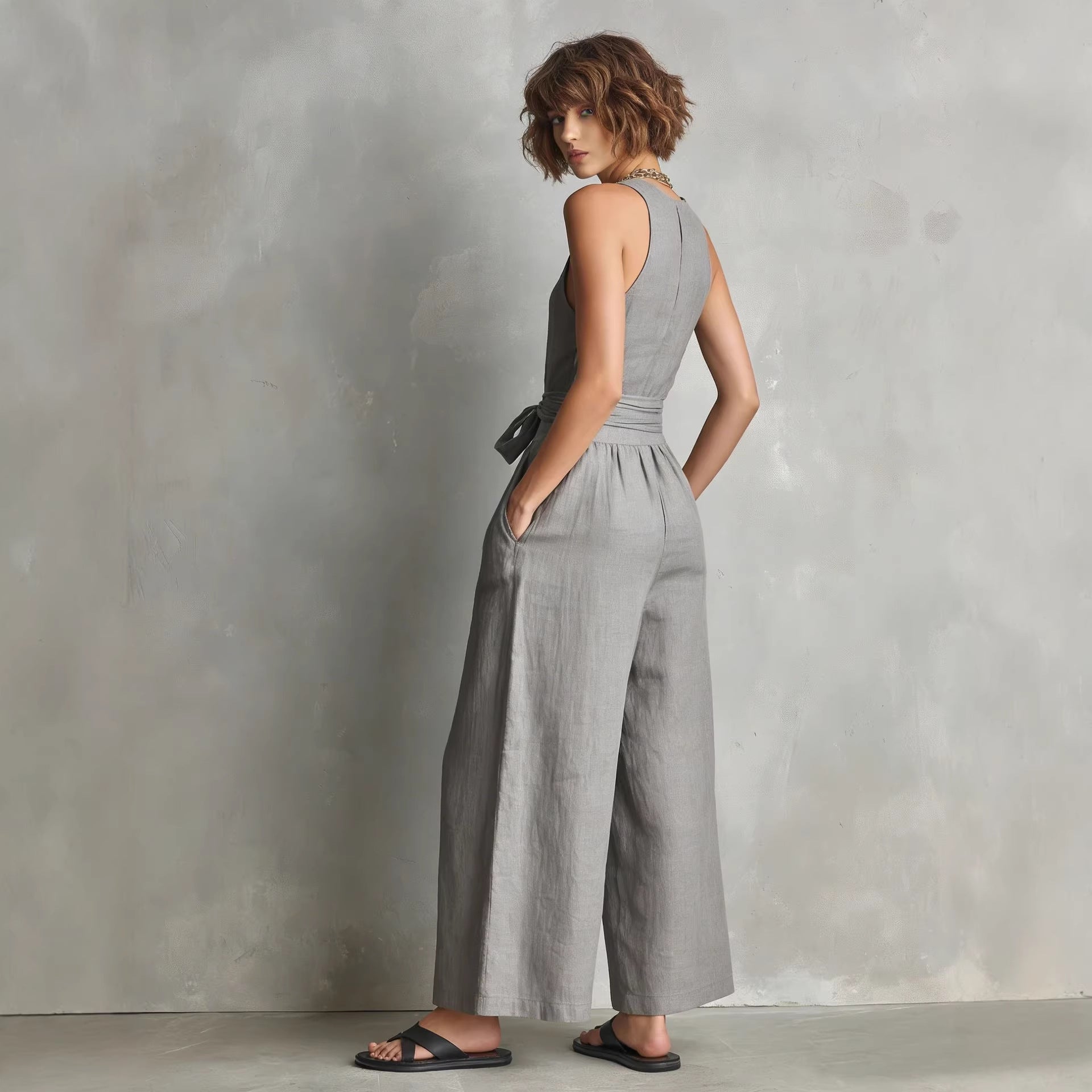 Women's V-Neck Sleeveless Jumpsuit with Waist Tie in Gray - Image 5