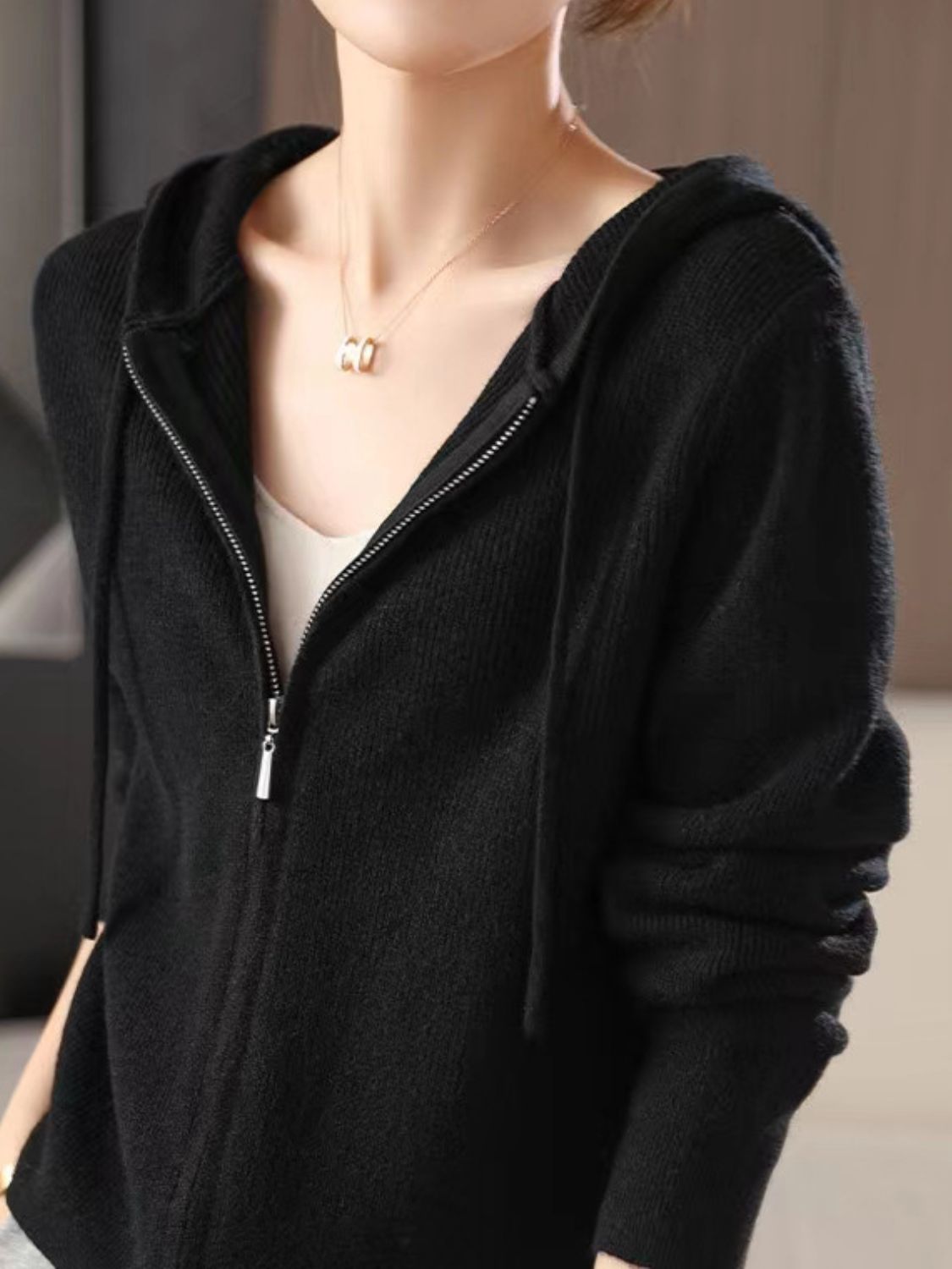 Women's Brown Long Sleeve Zip Up Knit Hoodie with Drawstring - Image 19
