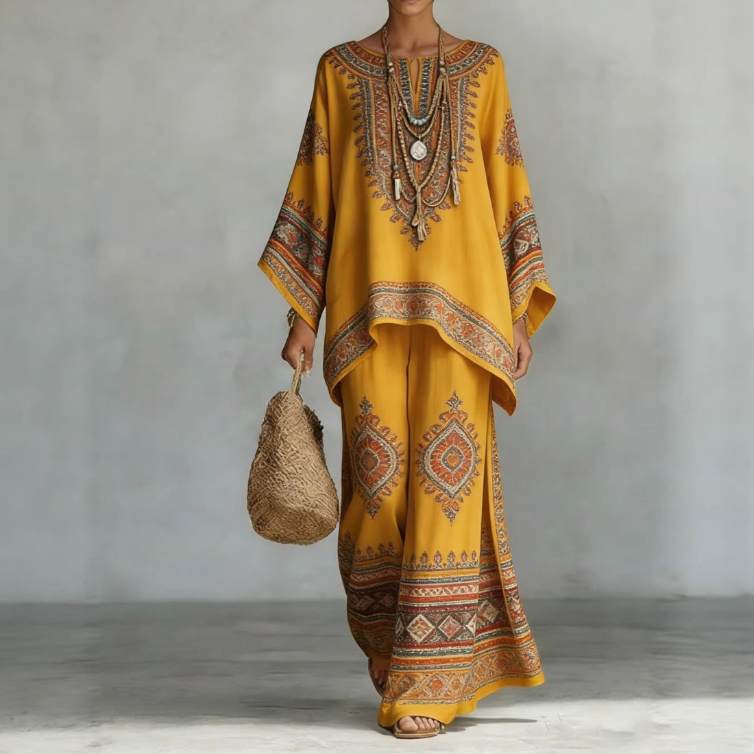 Women's Bohemian Printed Long Sleeve Top and Wide Leg Pant Set