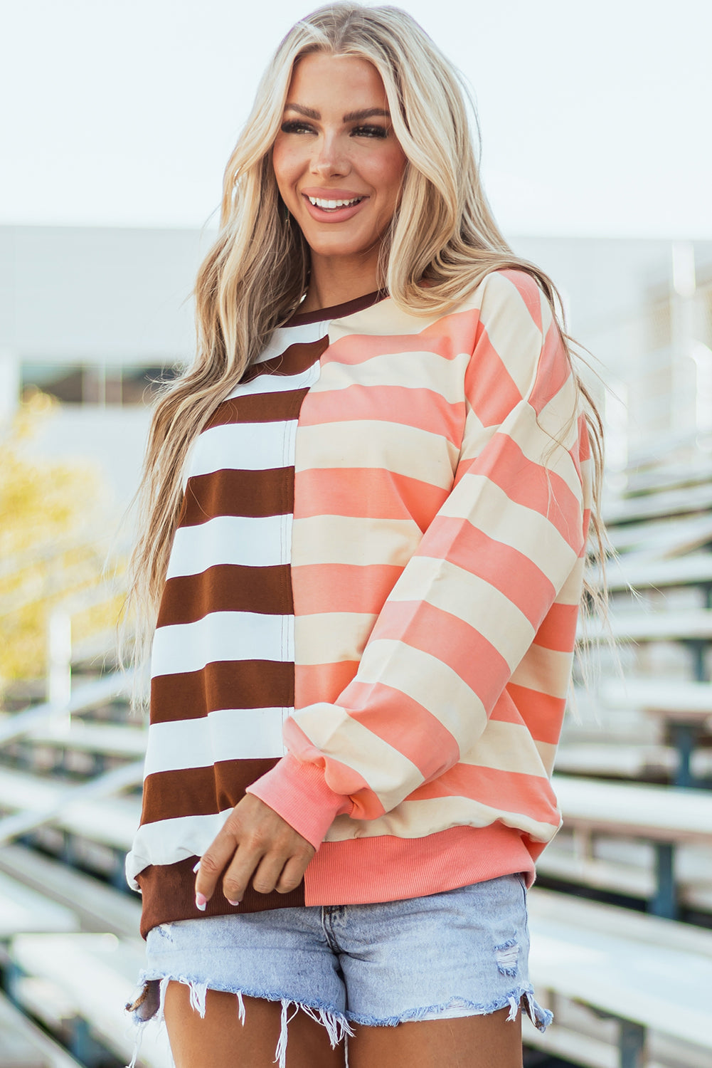Yasena Color Block Striped Drop Shoulder Pullover Sweatshirt - Image 4