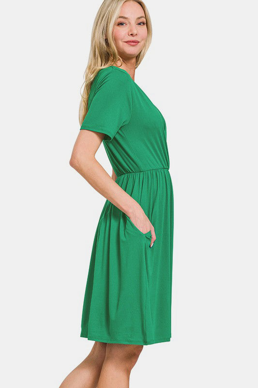 Green Surplice Short Sleeve Brushed DTY Dress