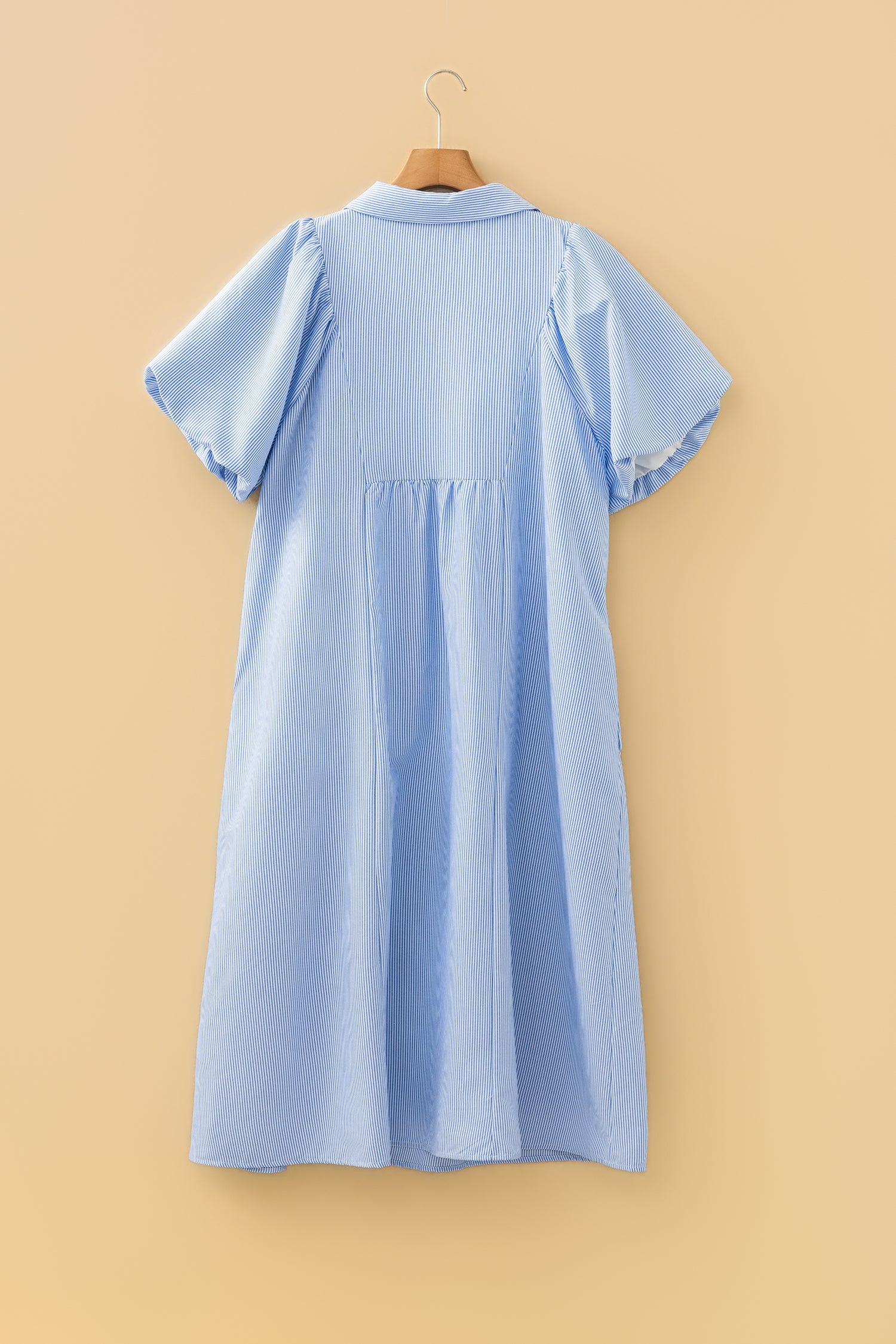 Plus-Size Cotton V-Neck Midi Dress with Shirred Collar & Puff Sleeves
