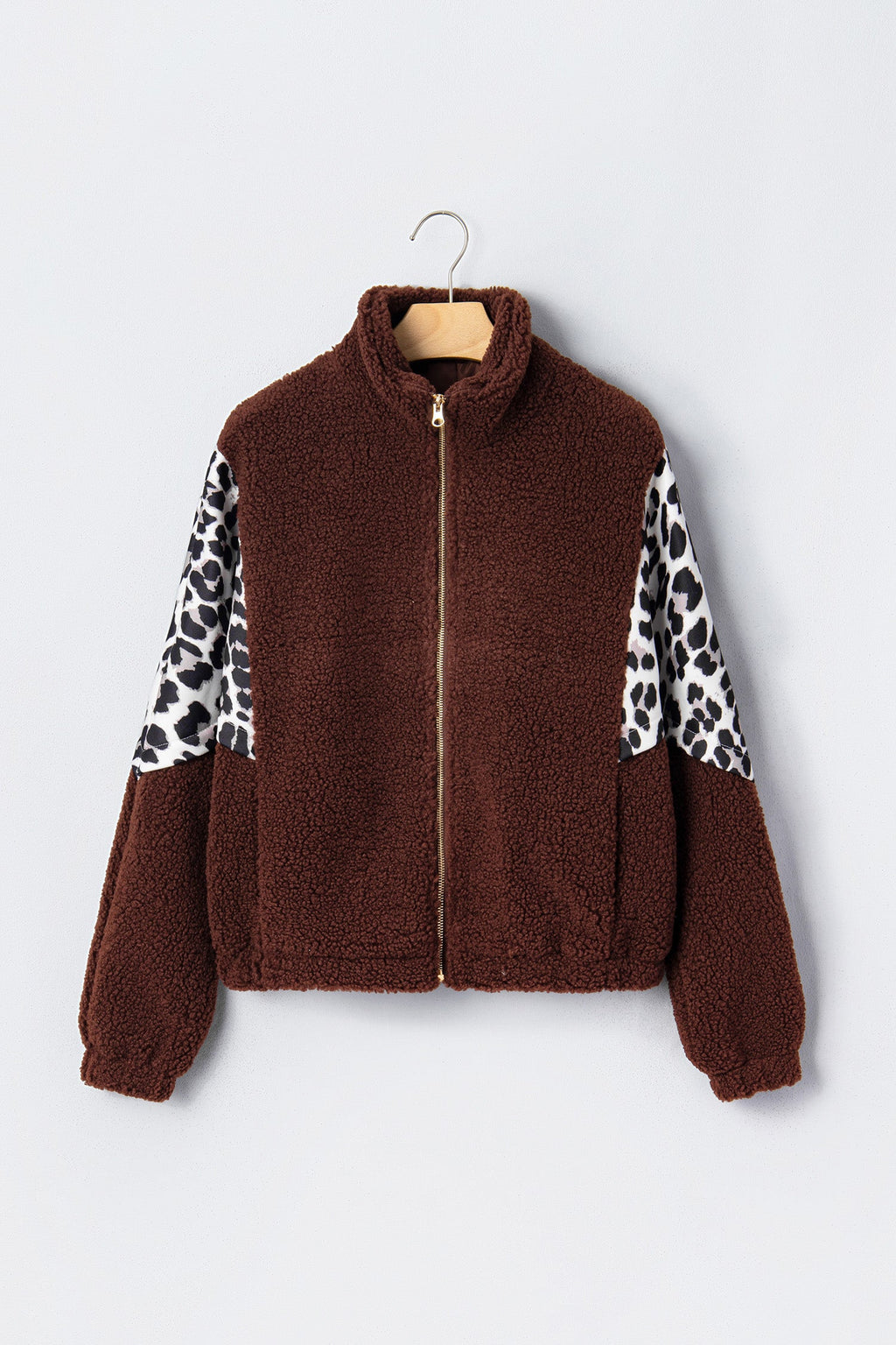 Leopard Patchwork Fleece Zip-Up Collared Jacket