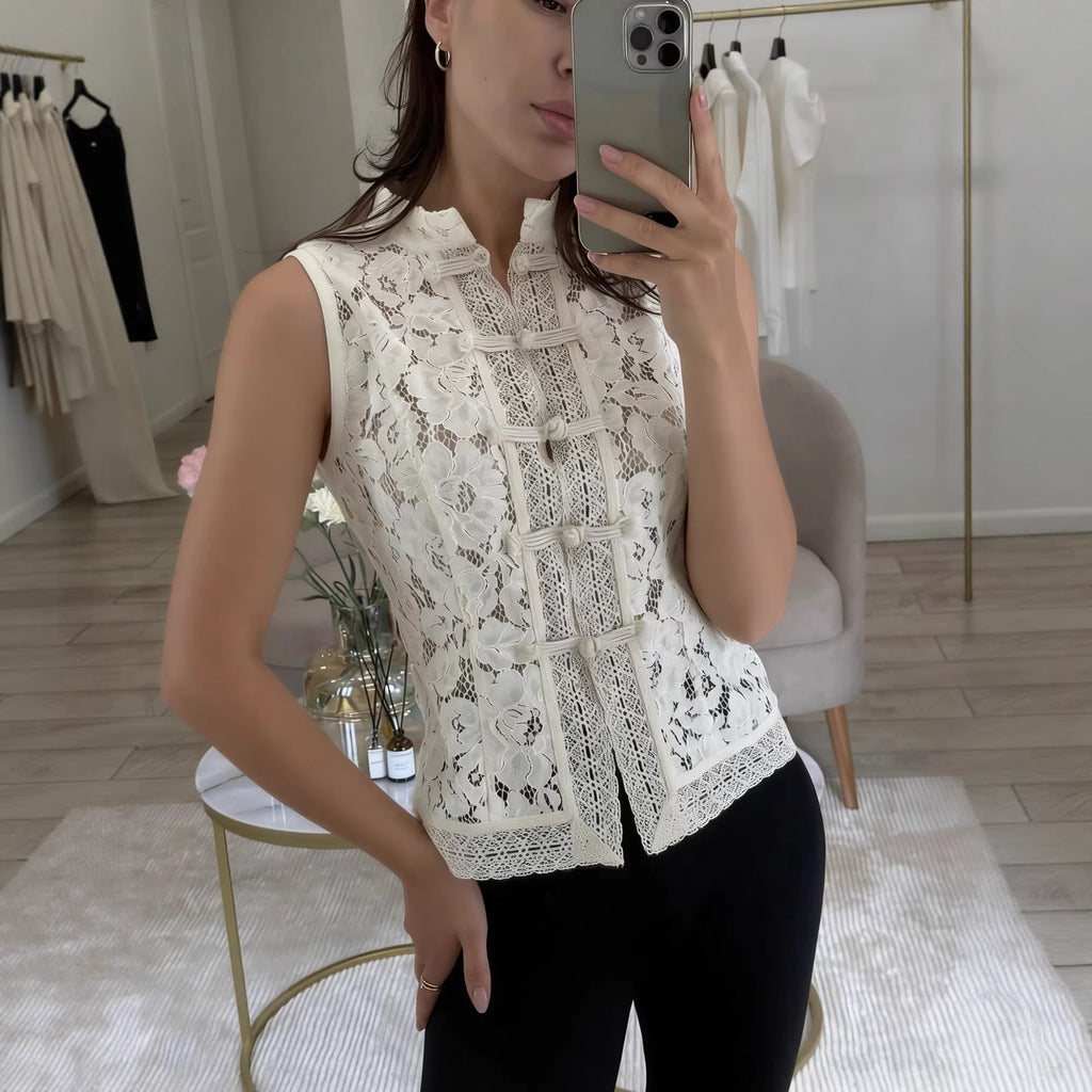 Floral Lace Crochet Sleeveless Top with Mandarin Collar - Image 3