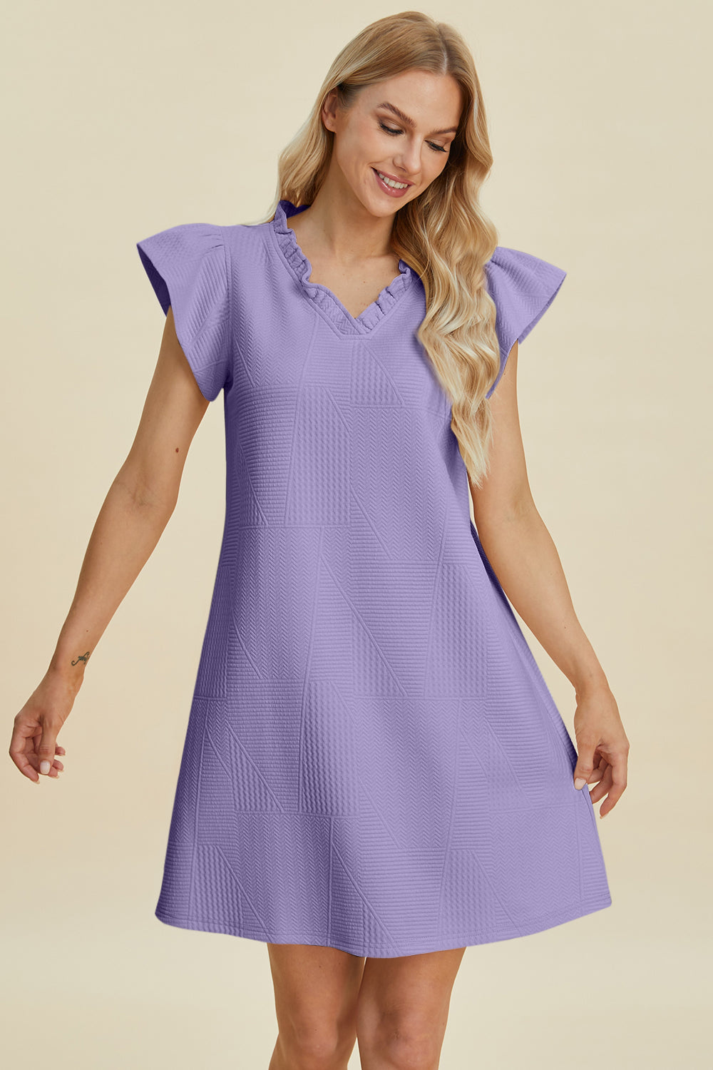 Ruffled V-Neck Cap Sleeve Dress in Elegant Style