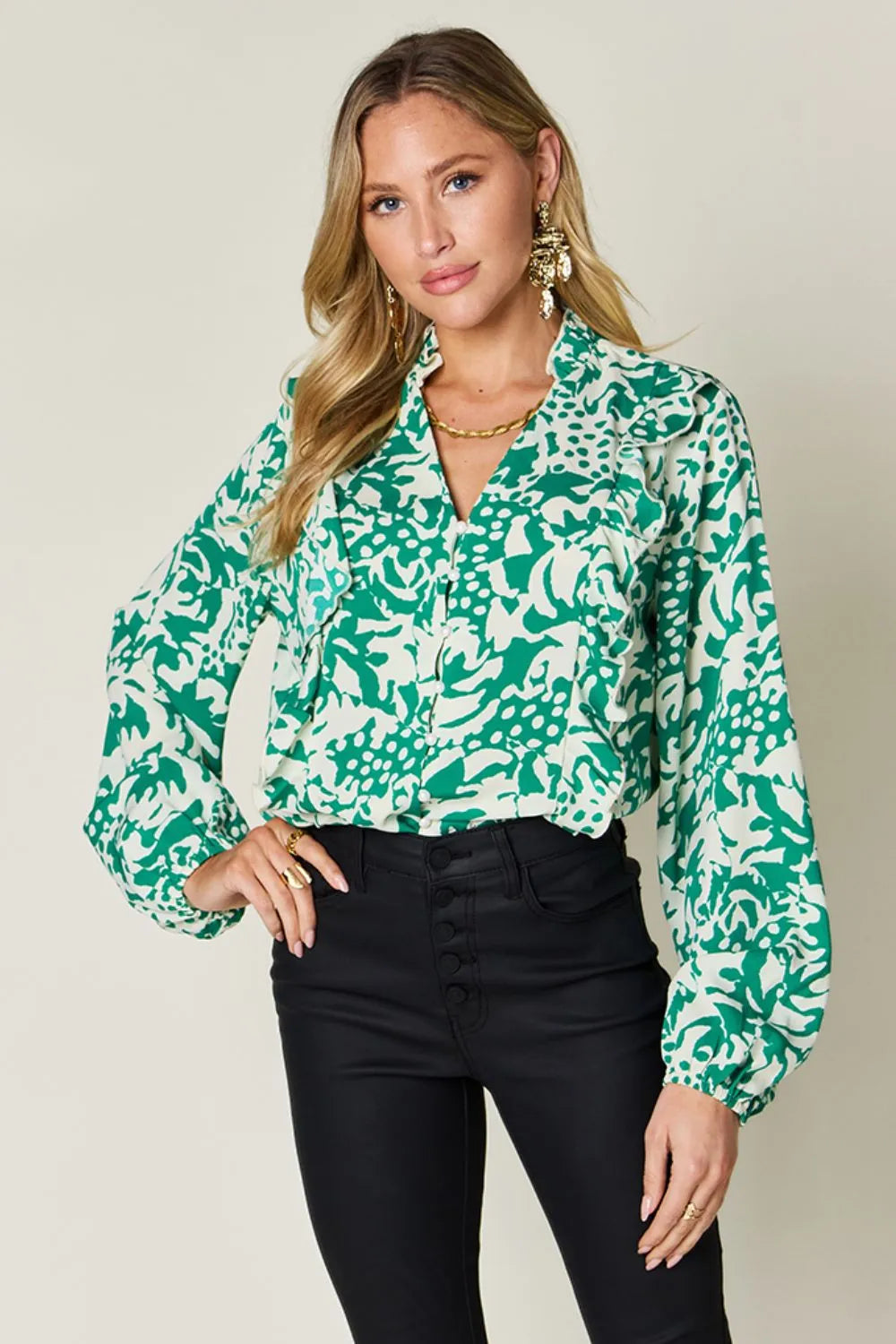Printed Ruffle Trim Balloon Sleeve Shirt | Buttoned Blouse